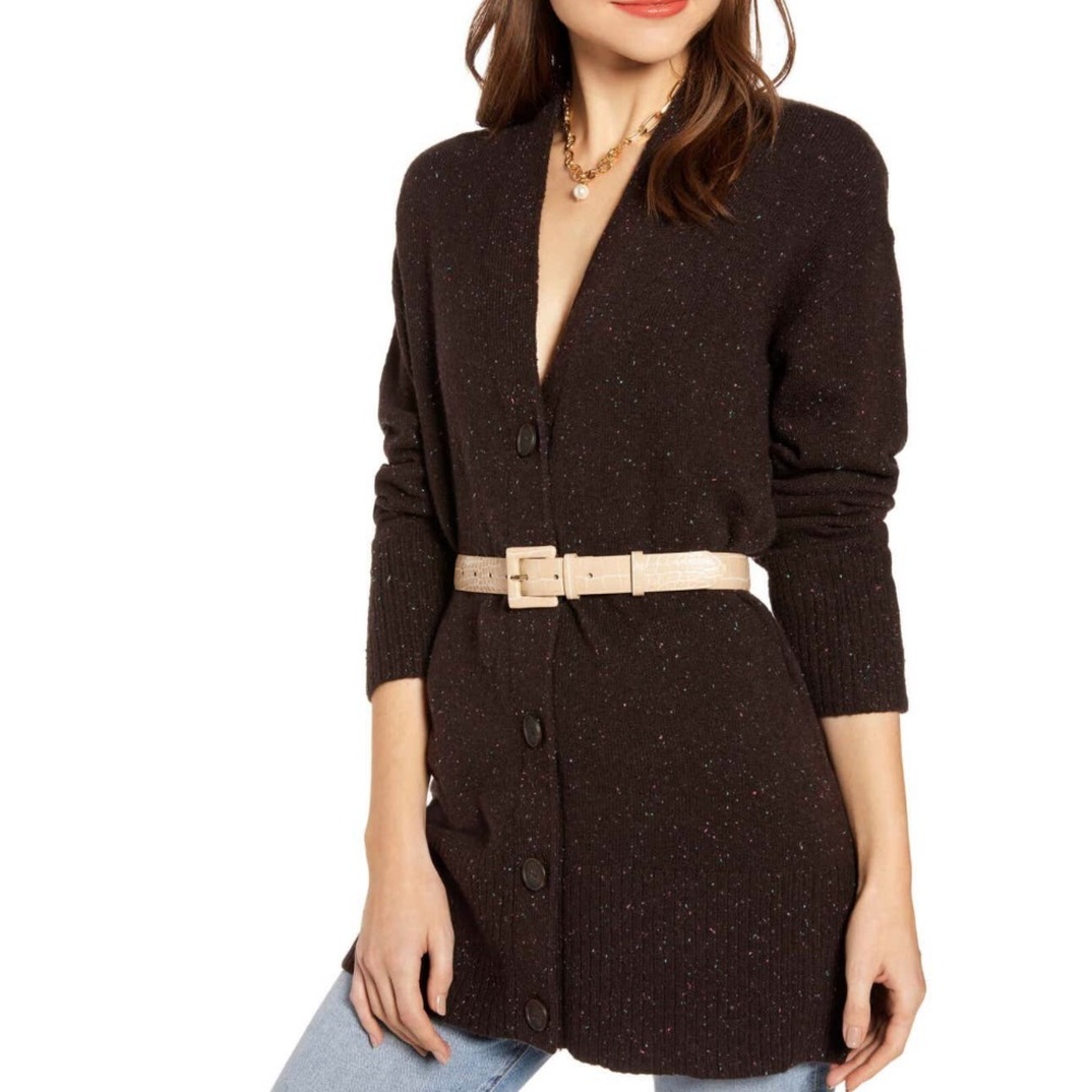 Something Navy V Neck Cardigan in Brown